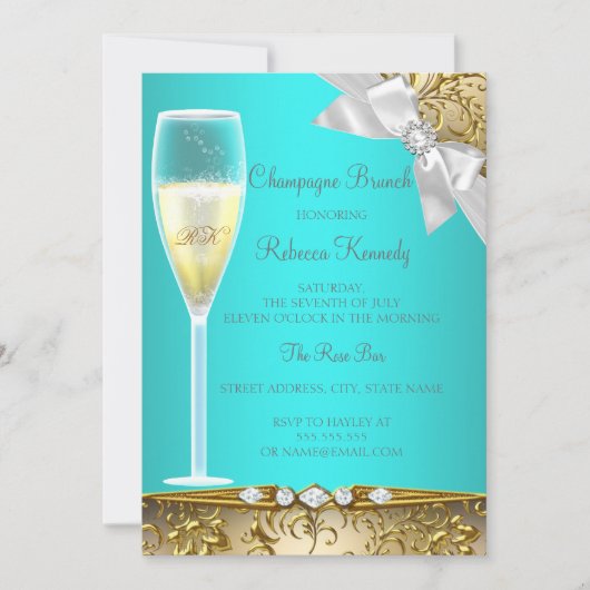 Elegant Blauwgroen Blue White Champagne Brunch Kaart (Voorkant)