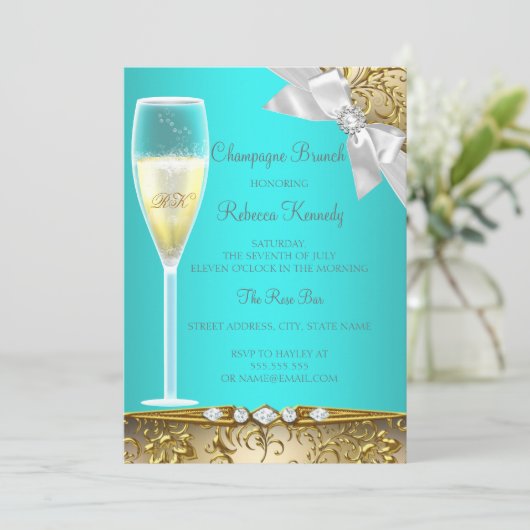 Elegant Blauwgroen Blue White Champagne Brunch Kaart (Staand voorkant)