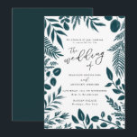 Elegant Blauwgroen Botanical Wedding Invitation Kaart<br><div class="desc">Nodig je gasten,  vrienden en geliefden uit voor je bruiloft met deze elegante en kerkelijke trouwuitnodiging in blauwgroen blauwe waterverf bladeren.</div>