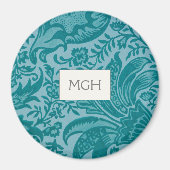 Elegant Blauwgroen Botanisch Patroon Monogram Magneet (Voorkant)