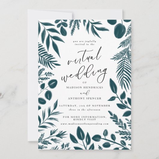Elegant Blauwgroen botanisch virtueel huwelijk Kaart (Voorkant)