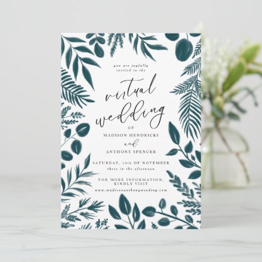 Elegant Blauwgroen botanisch virtueel huwelijk Kaart (Staand voorkant)