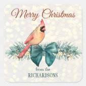 Elegant Blauwgroen Bow Pine Bough with Cardinaal H Vierkante Sticker (Voorkant)