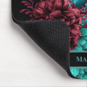 Elegant Blauwgroen Burgundy Red Flowers zwart mono Muismat (Hoek)