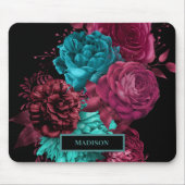 Elegant Blauwgroen Burgundy Red Flowers zwart mono Muismat (Voorkant)