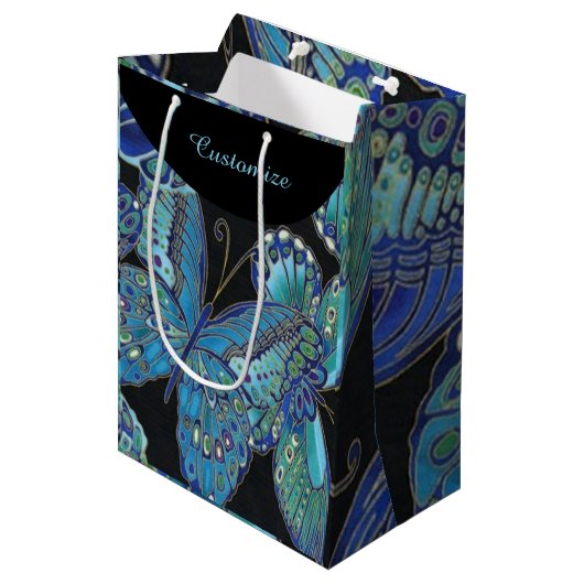 Elegant Blauwgroen Butterfly Pattern Gift Bag Medium Cadeauzakje (Voorkant Gekanteld)