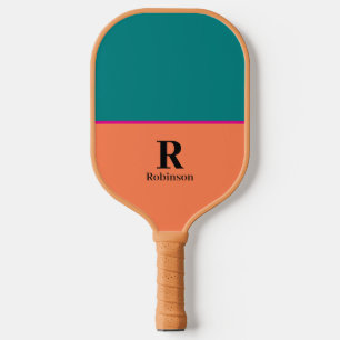 Elegant Blauwgroen & Coral Monogrammed Modern Scri Pickleball Paddle