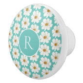 Elegant Blauwgroen Daisy Pattern Monogram Ceramic Keramische Knop (Rechts)