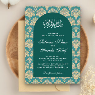 Elegant Blauwgroen Damask Arabian Arch Islamic Wed Kaart