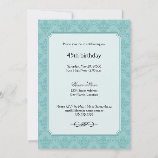 Elegant Blauwgroen Damask Birthday Tea Party Kaart (Achterkant)