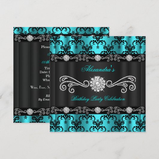 Elegant Blauwgroen Damask Black Diamond Birthday P Kaart (Voorkant / Achterkant)