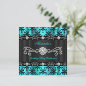 Elegant Blauwgroen Damask Black Diamond Birthday P Kaart (Staand voorkant)