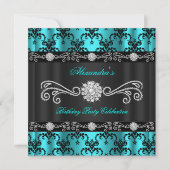 Elegant Blauwgroen Damask Black Diamond Birthday P Kaart (Voorkant)