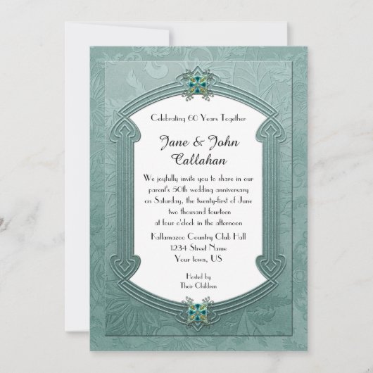 Elegant Blauwgroen Damask Jewels Jubileum Invitati Kaart (Voorkant)