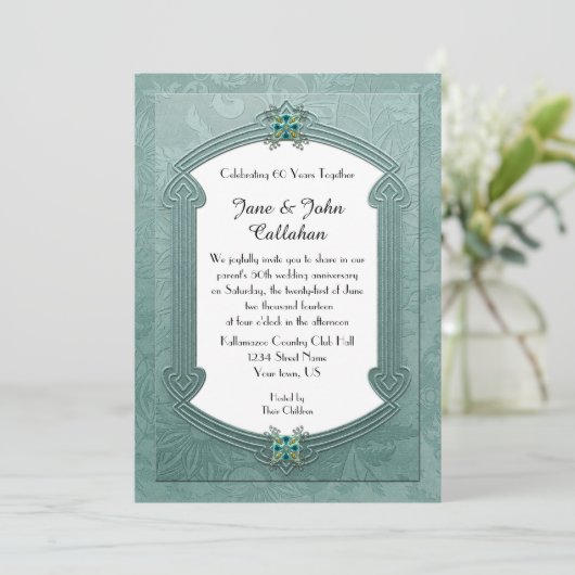 Elegant Blauwgroen Damask Jewels Jubileum Invitati Kaart (Staand voorkant)