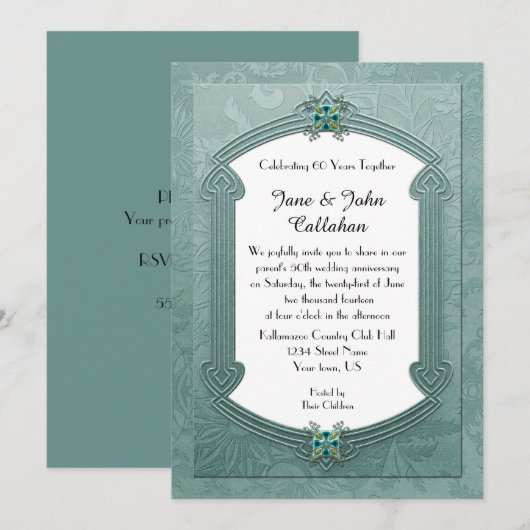 Elegant Blauwgroen Damask Jewels Jubileum Invitati Kaart (Voorkant / Achterkant)