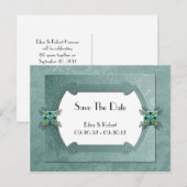 Elegant Blauwgroen Damask Jubileum Bewaar de datum Aankondigingskaart (Voorkant / Achterkant)