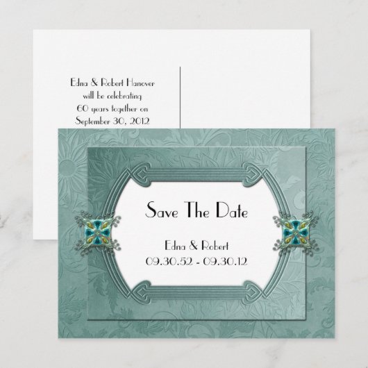Elegant Blauwgroen Damask Jubileum Bewaar de datum Aankondigingskaart (Voorkant / Achterkant)