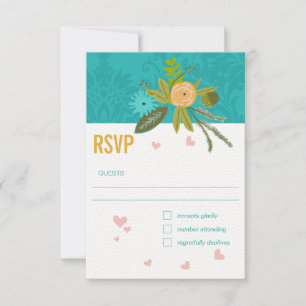 Elegant Blauwgroen Damask Turquoise Pink Gold Wedd RSVP Kaartje