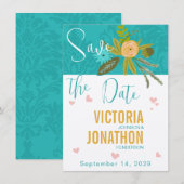 Elegant Blauwgroen Damask Turquoise Pink Gold Wedd Save The Date (Voorkant / Achterkant)