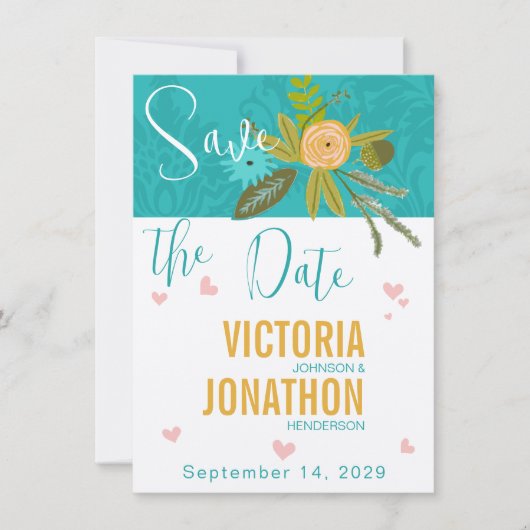 Elegant Blauwgroen Damask Turquoise Pink Gold Wedd Save The Date (Voorkant)