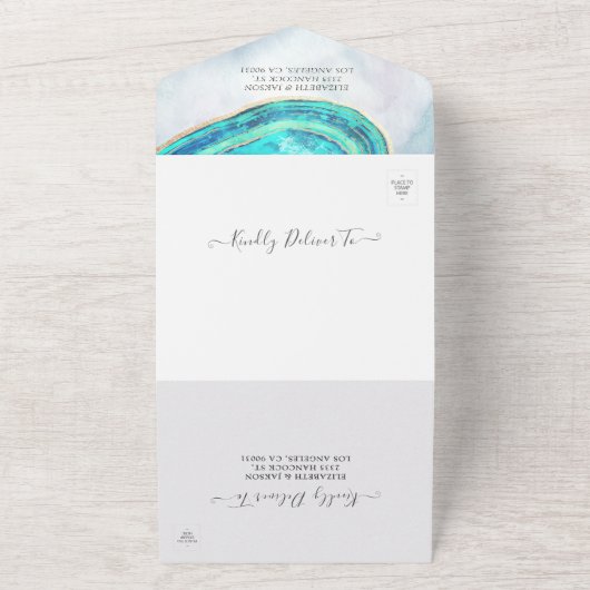 Elegant Blauwgroen en Gold Agate Geode Slice Weddi All In One Uitnodiging (Buitenkant)