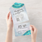 Elegant Blauwgroen en Gold Agate Geode Slice Weddi All In One Uitnodiging (Afscheurbaar)