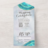 Elegant Blauwgroen en Gold Agate Geode Slice Weddi All In One Uitnodiging (Binnen)