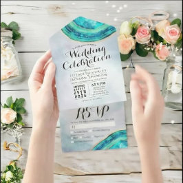 Elegant Blauwgroen en Gold Agate Geode Slice Weddi All In One Uitnodiging