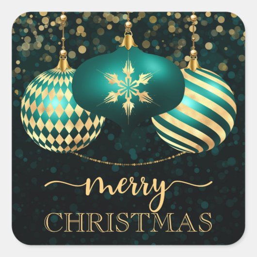Elegant Blauwgroen en Gold Baubles Merry Kerstmis Vierkante Sticker (Voorkant)