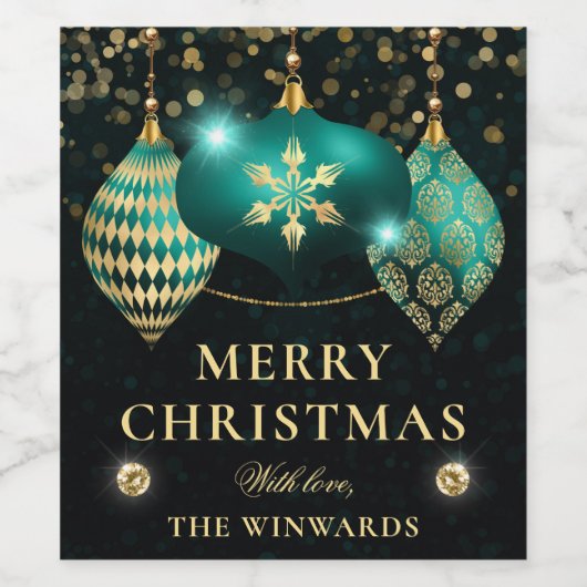 Elegant Blauwgroen en Gold Baubles Merry Kerstmis Wijn Etiket (Enkel label)