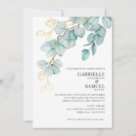 Elegant Blauwgroen en Gold Eucalyptus Wedding Invi