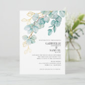 Elegant Blauwgroen en Gold Eucalyptus Wedding Invi (Staand voorkant)