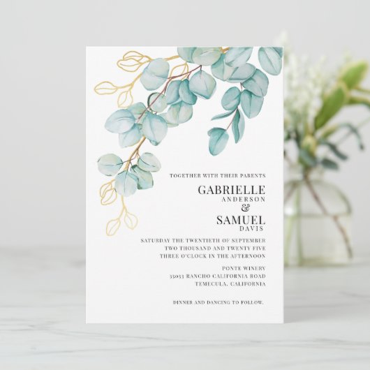 Elegant Blauwgroen en Gold Eucalyptus Wedding Invi (Staand voorkant)