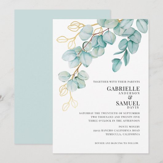 Elegant Blauwgroen en Gold Eucalyptus Wedding Invi (Voorkant / Achterkant)