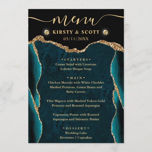 Elegant Blauwgroen en Gold Faux Glitter Agate Wedd Menu (Voorkant)