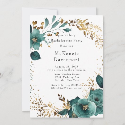 Elegant Blauwgroen en Gold Floral Bachelorette Par Kaart (Voorkant)