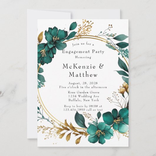 Elegant Blauwgroen en Gold Floral Engagement Party Kaart (Voorkant)