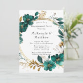 Elegant Blauwgroen en Gold Floral Engagement Party Kaart (Staand voorkant)