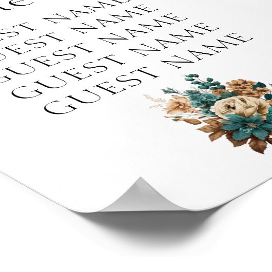 Elegant Blauwgroen en Gold Floral Wedding Seating  Poster (Hoek)