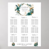 Elegant Blauwgroen en Gold Floral Wedding Seating  Poster (Voorkant)