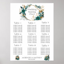 Elegant Blauwgroen en Gold Floral Wedding Seating  Poster