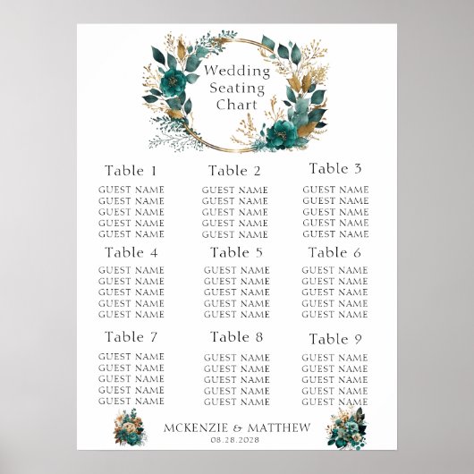 Elegant Blauwgroen en Gold Floral Wedding Seating  Poster (Voorkant)