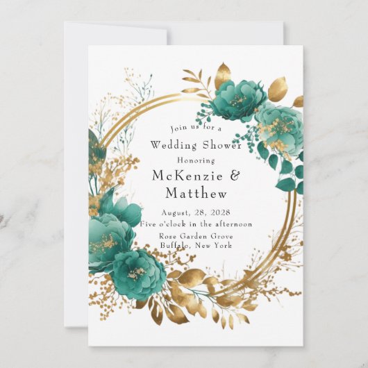 Elegant Blauwgroen en Gold Floral Wedding Shower I Kaart (Voorkant)