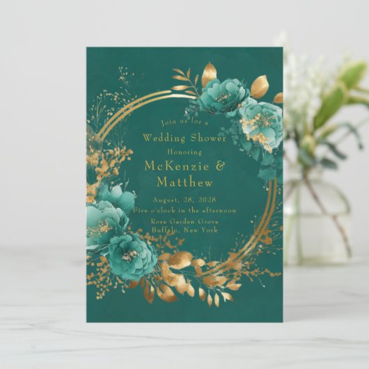 Elegant Blauwgroen en Gold Floral Wedding Shower Kaart (Staand voorkant)