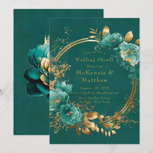 Elegant Blauwgroen en Gold Floral Wedding Shower Kaart (Voorkant / Achterkant)