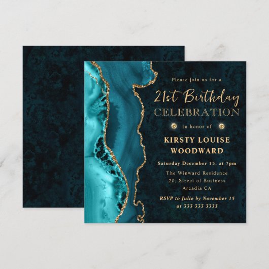 Elegant Blauwgroen en Gold Glitter Agate 21st Birt Kaart (Voorkant / Achterkant)