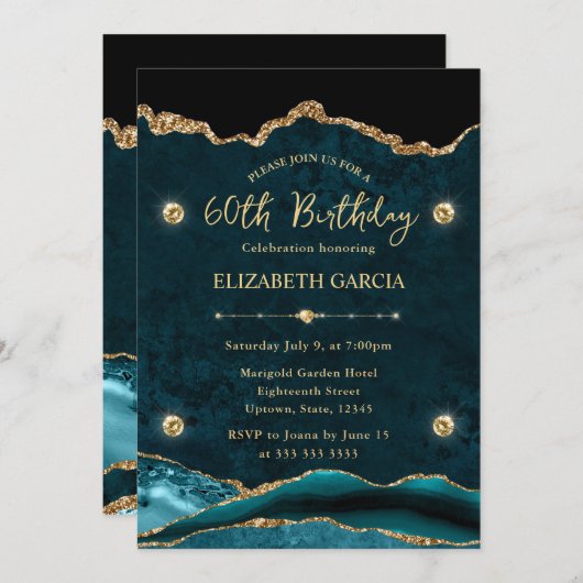 Elegant Blauwgroen en Gold Glitter Agate 60th Birt Kaart (Voorkant / Achterkant)