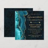 Elegant Blauwgroen en Gold Glitter Agate Quinceane Kaart (Voorkant / Achterkant)
