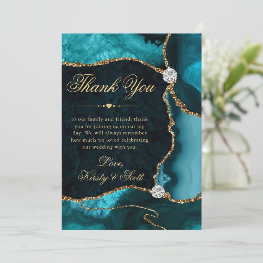 Elegant Blauwgroen en Gold Glitter Agate Wedding Bedankkaart (Staand voorkant)